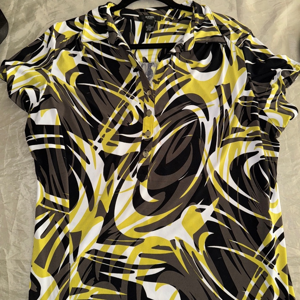INC International Concepts Black and Yellow Graphic Blouse with Mandarin Collar